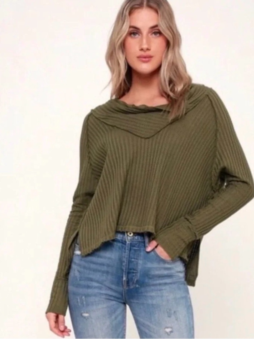 Free people size large Olive Ribbed Cozy V-Neck Sweater - Women NWT